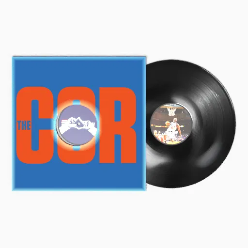 Early low-resolution test render of a blue The Corner record sleeve with a vinyl disc peeking through a die-cut circle, showing a soft pale halo around the disc's edge and the die-cut hole.